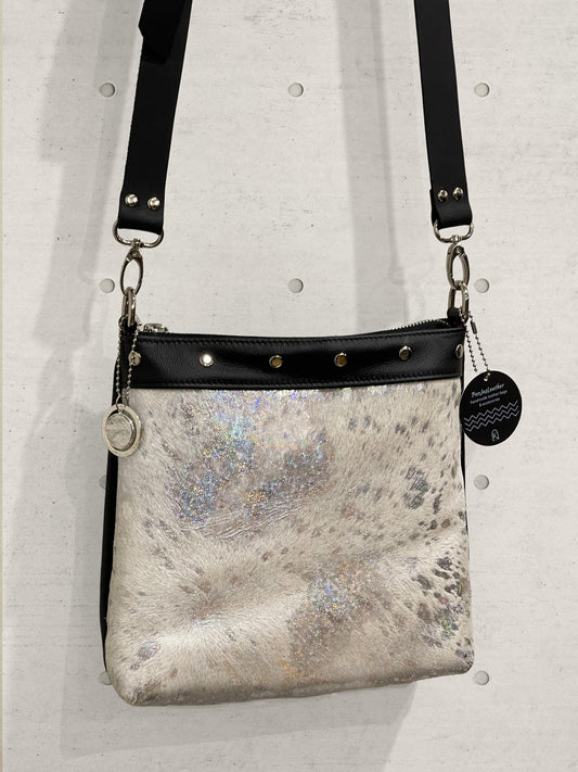 Acid wash Iridescent holographic cowhide and black leather bag