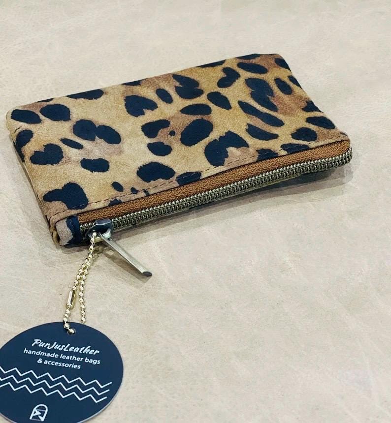 Leopard print nubuck leather zipper Purse, unlined