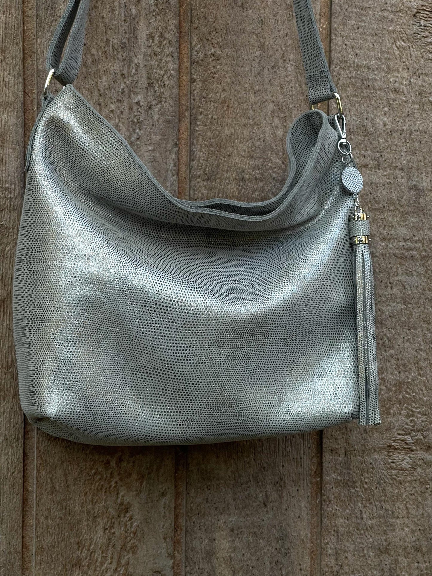 Silver Shimmer on Grey Print Hobo Bag, adjustable shoulder bag