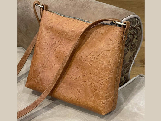 Tooled Natural Tan Leather Rustic Crossbody Bag, Embossed Floral IN STOCK