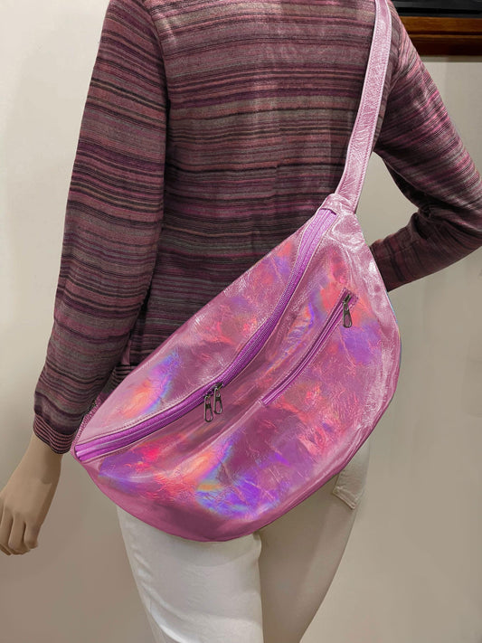 Holographic Pink Oversized Sling bag, travel bag, backpack, cycling bag, genuine leather