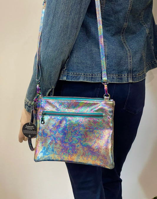 Metallic Oil slick Leather Zipper Wristlet or crossbody