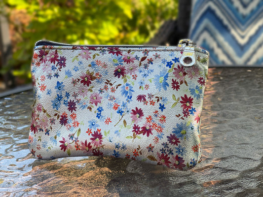 Metallic ditsy floral coin purse, small print on silver leather gift idea