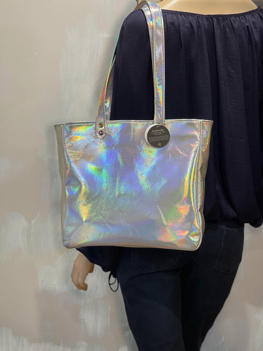 Holographic Leather Tote, iridescent leather, free purse, magnet or zipper close