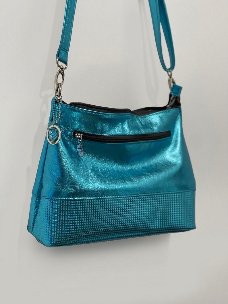 Metallic Turquoise leather crossbody shoulder bag, embossed leather IN STOCK