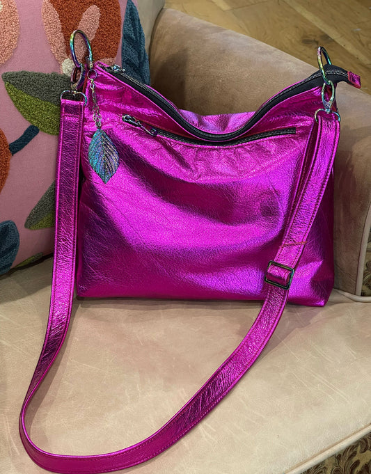 Metallic fuchsia pink crossbody bag