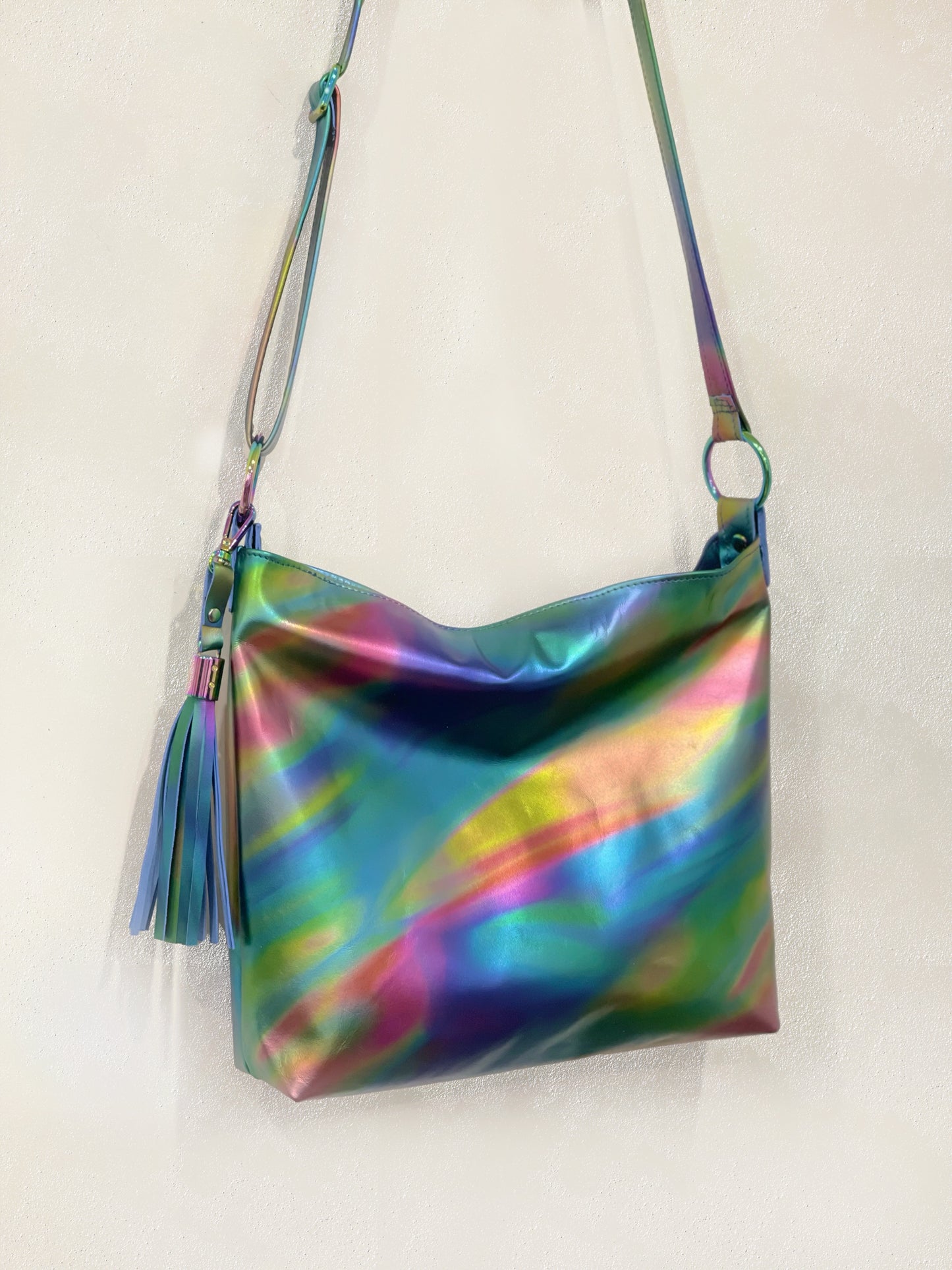 Large Holographic Iridescent leather tassel bag charm