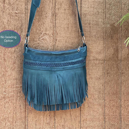 Teal Double Fringe Leather Bag, braided leather