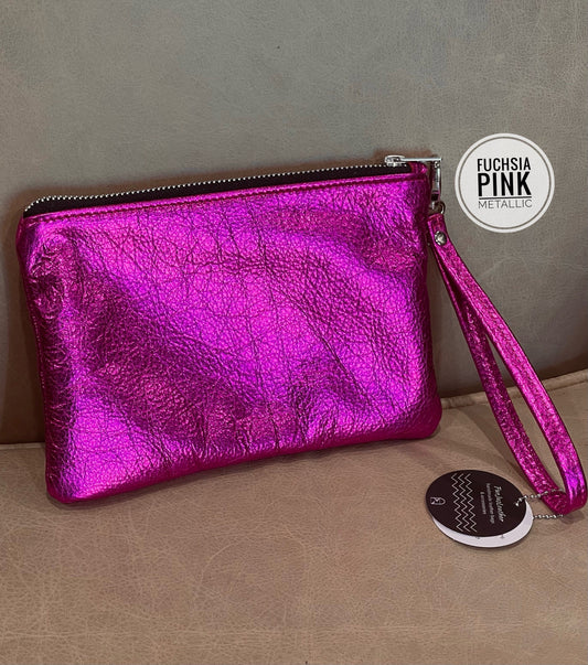Hot pink or fuchsia metallic leather wristlet or crossbody Bag