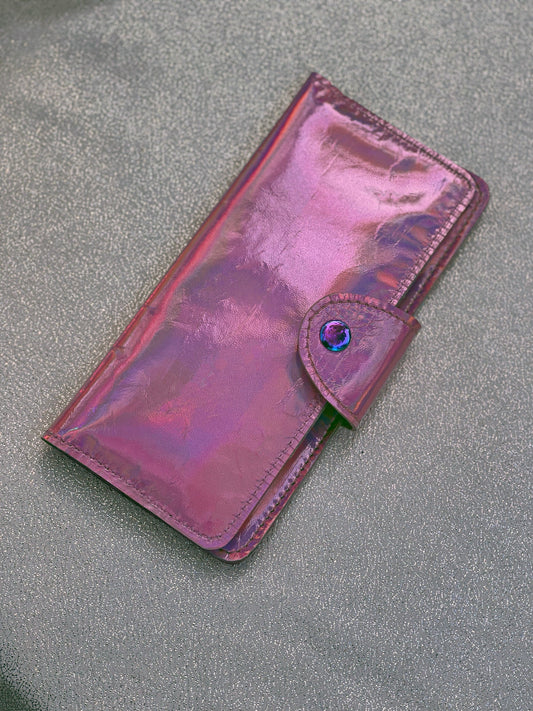 Pink Holographic Iridescent Leather Wallet Purse or wristlet, holds cards and iPhone