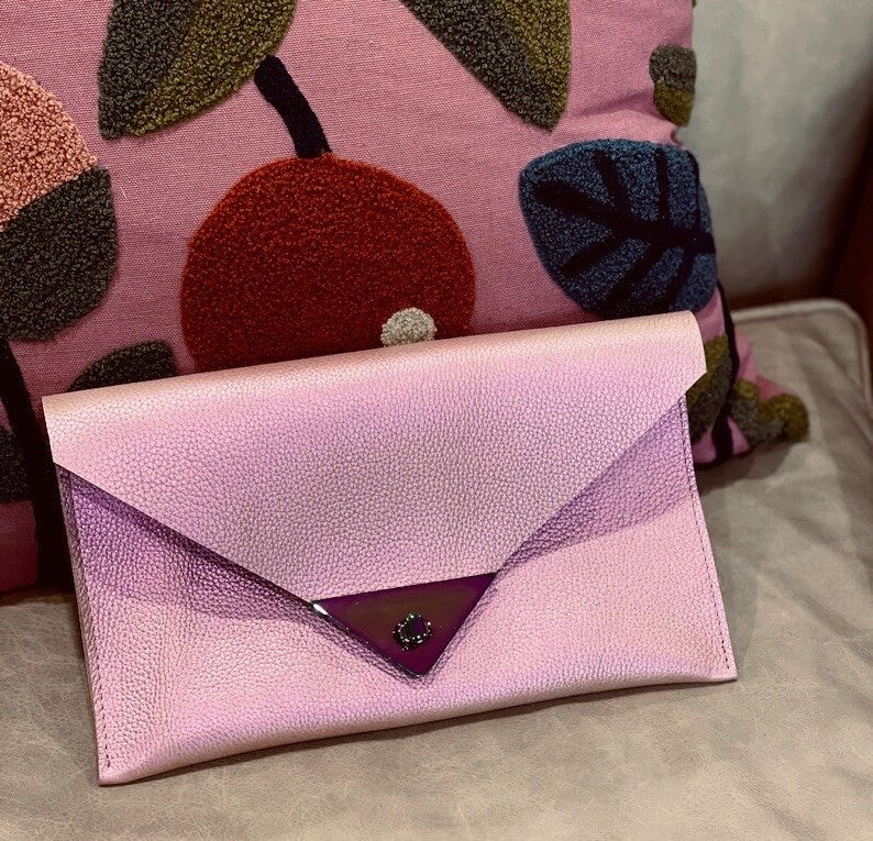 Iridescent Pink Leather clutch, Metallic, iridescent clutch purse