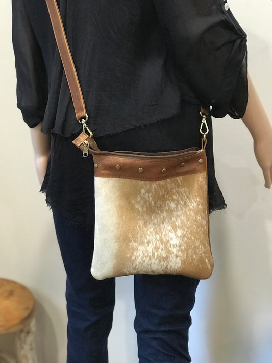 Cowhide Leather Tan Crossbody, soft short hair IN STOCK
