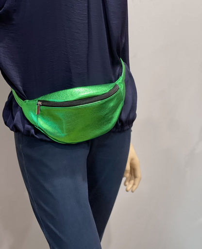 Metallic Green Leather hip bag, Soft unlined waist bag