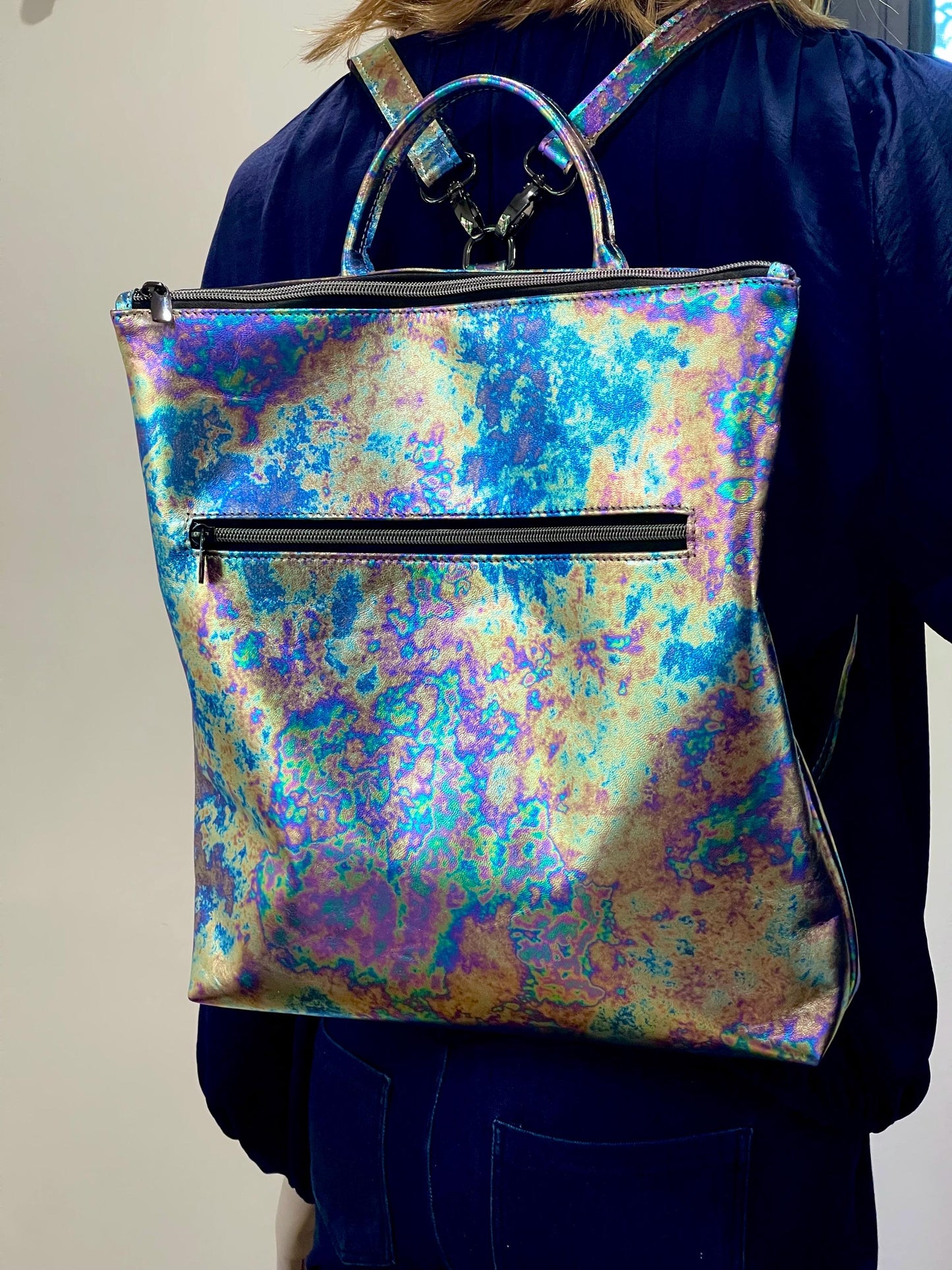 Metallic Oil Slick leather backpack and tote, FREE purse