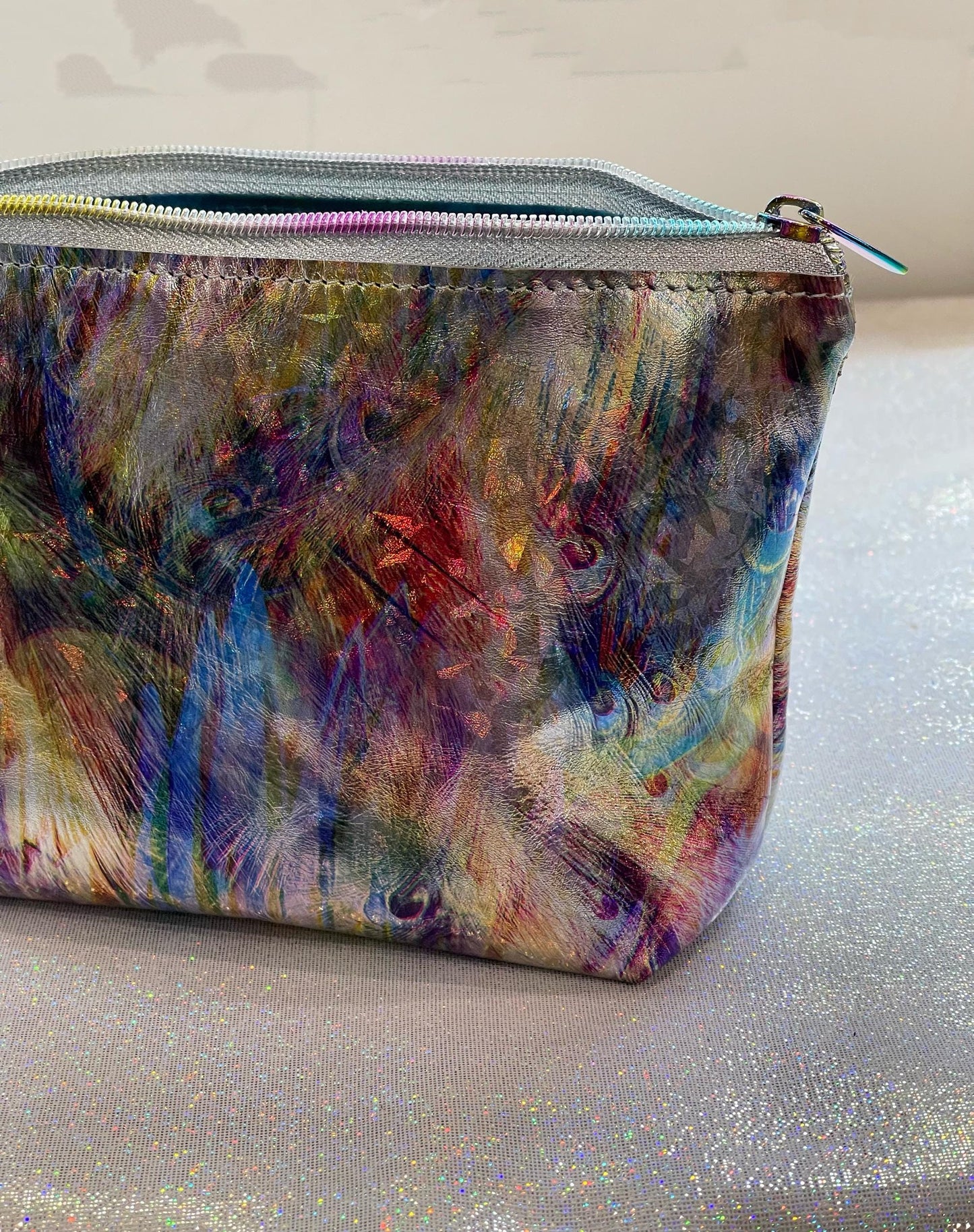 Iridescent Abstract feathers Leather makeup purse