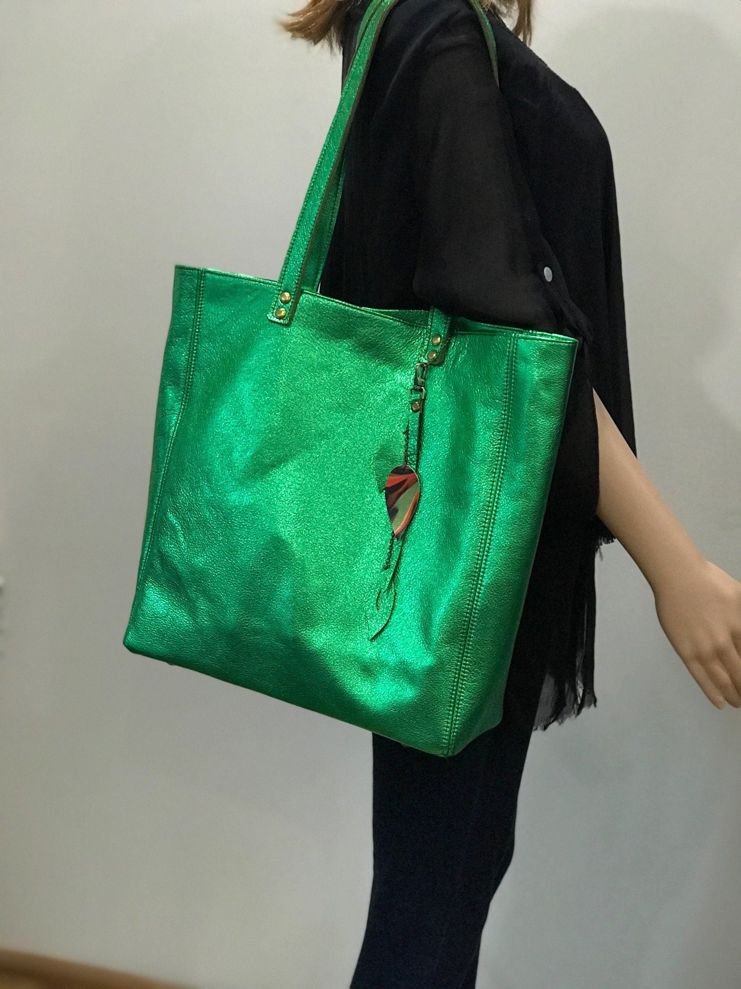 Emerald Green Metallic Leather Tote, free leather purse