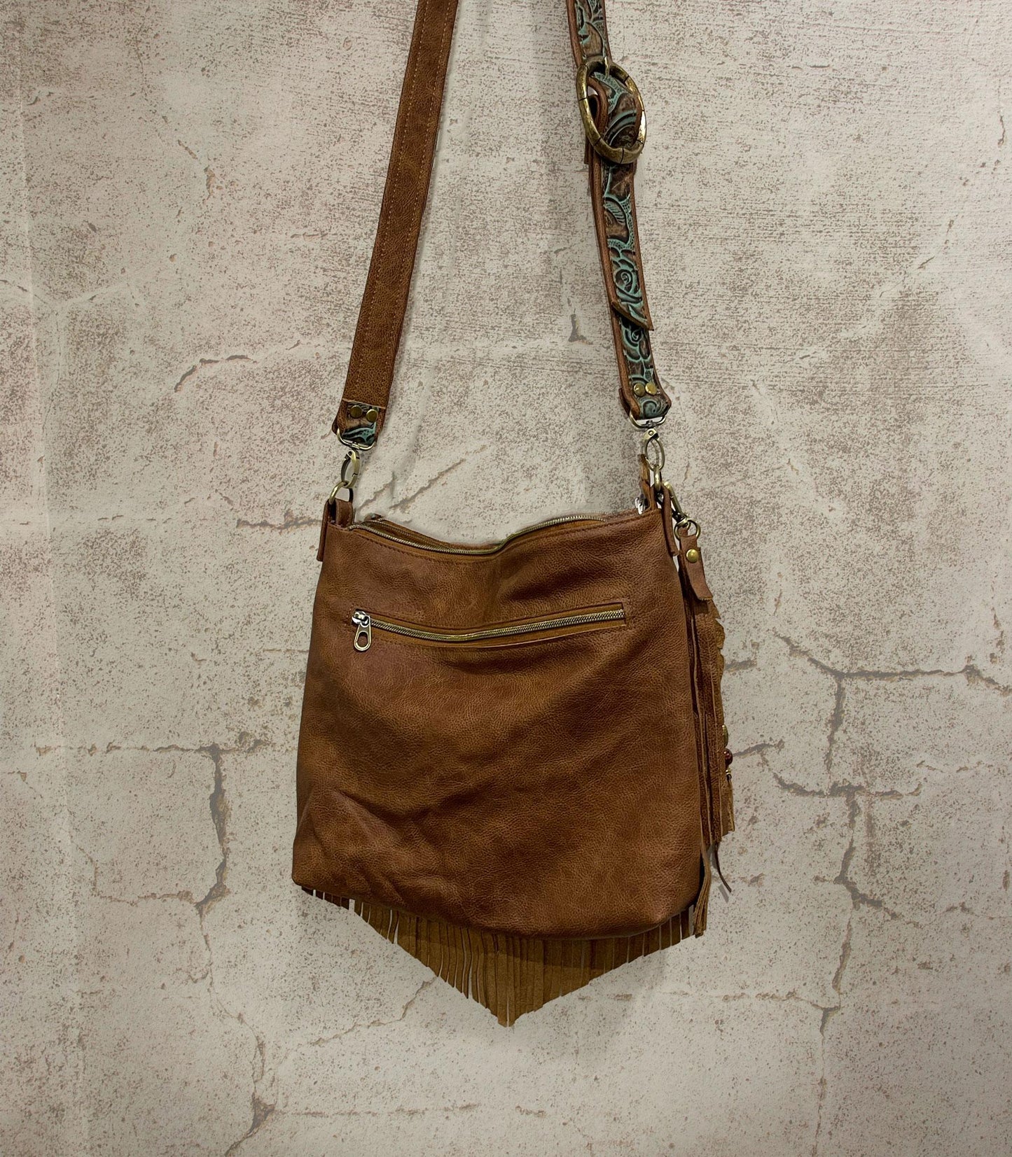 Tooled turquoise and brown Leather Fringe Bag