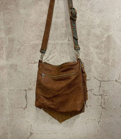 Tooled turquoise and brown Leather Fringe Bag