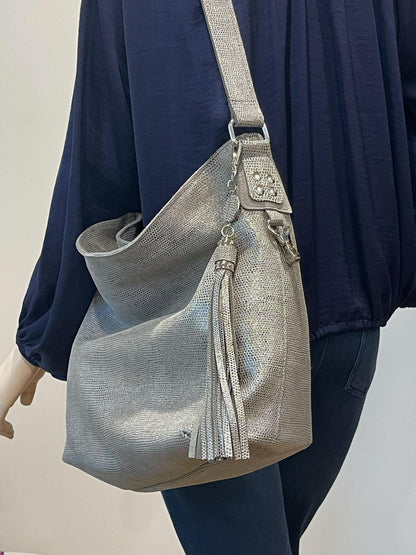 Silver Shimmer on Grey Print Hobo Bag, adjustable shoulder bag