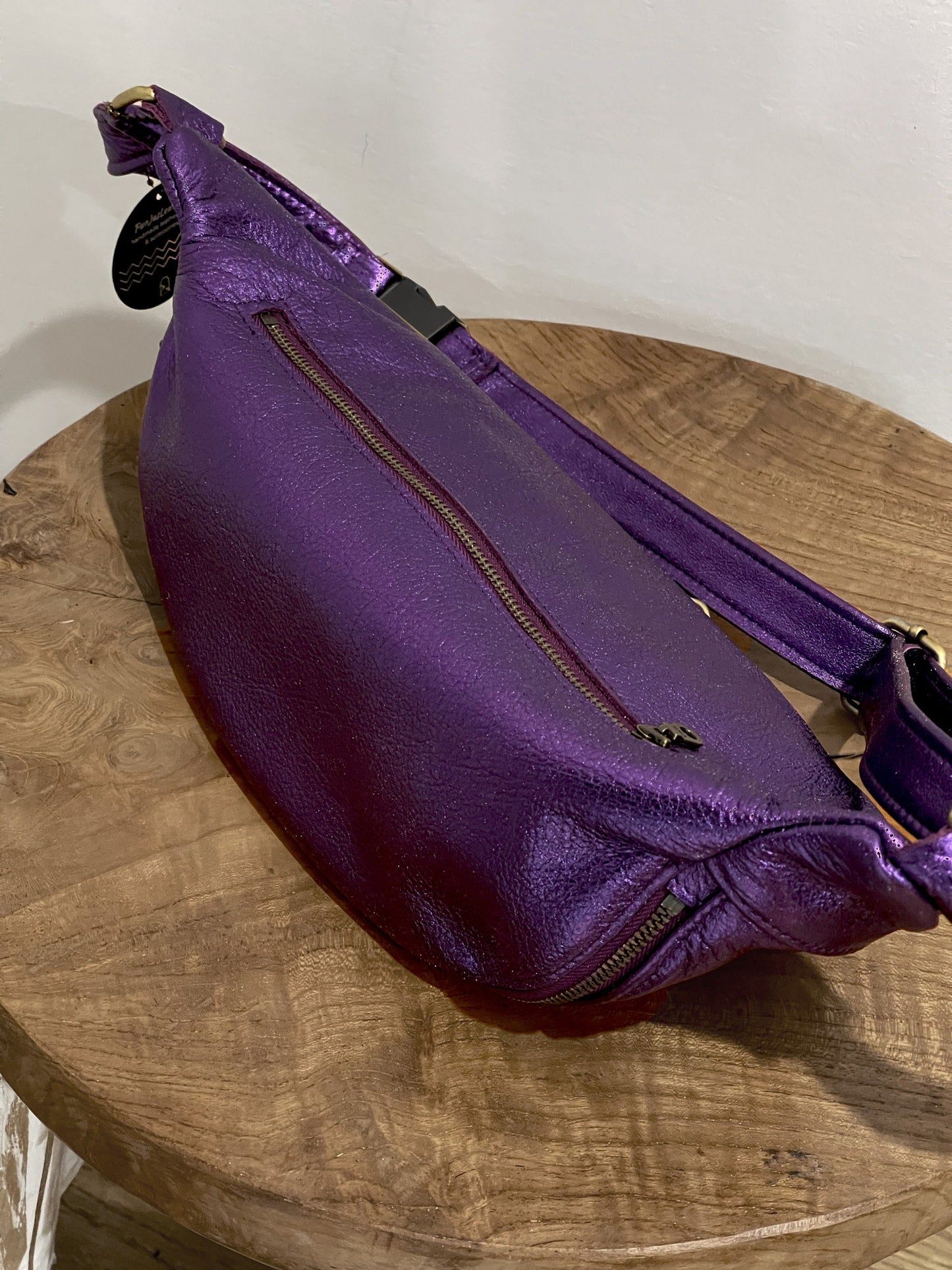 Large Metallic Purple Leather bum bag, soft leather travel bag
