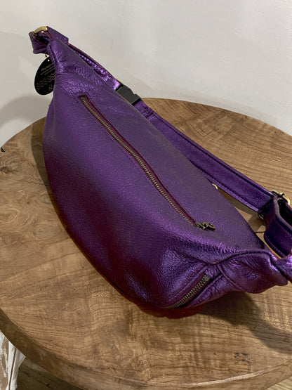 Large Metallic Purple Leather bum bag, soft leather travel bag