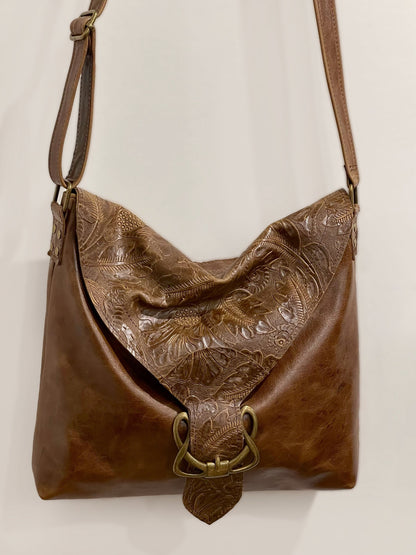 Tooled Brown Celtic Buckle leather crossbody with flap
