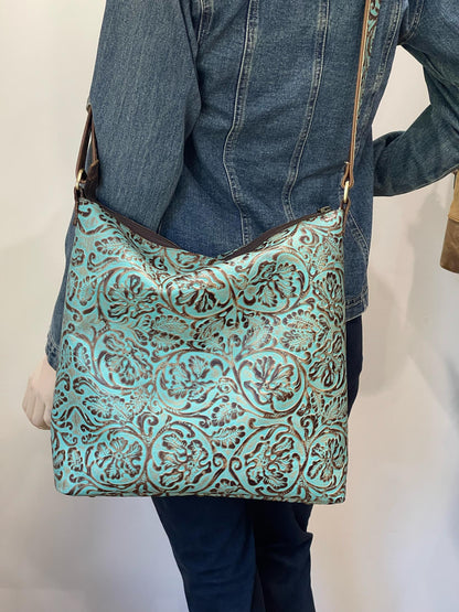 Tooled Turquoise Leather Crossbody Bag, Embossed