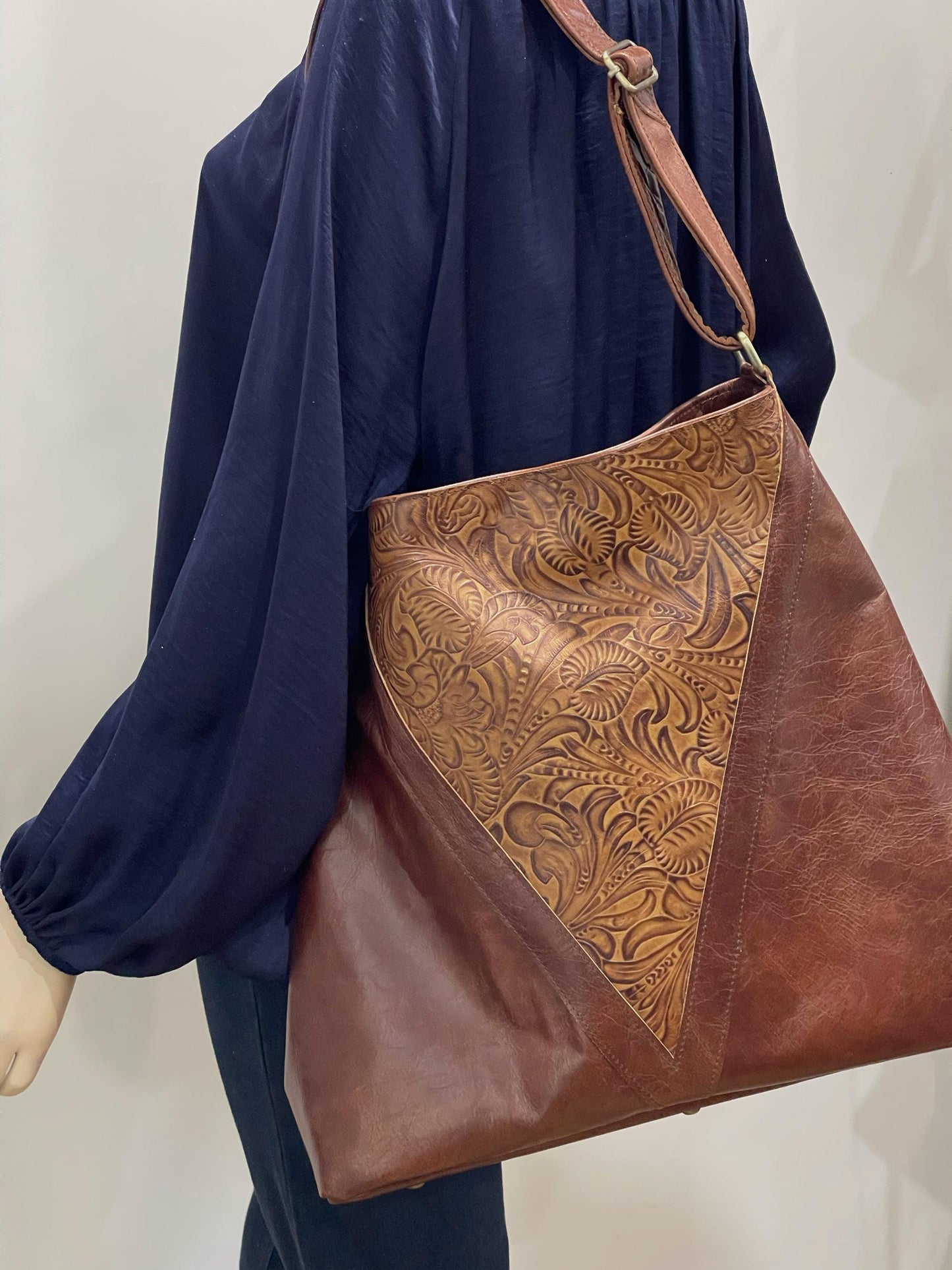 Brown tooled leather Hobo bag, Premium Leather, flower and leaf design IN STOCK