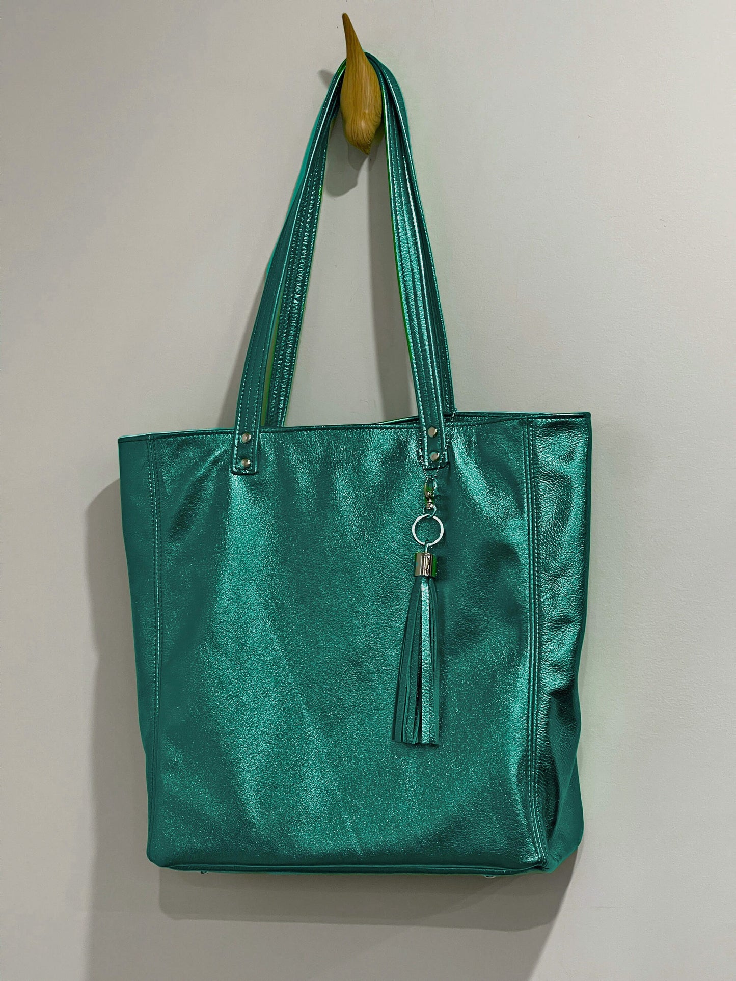 Emerald Green Metallic Leather Tote, zipper pocket and free leather purse