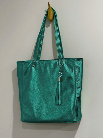 Emerald Green Metallic Leather Tote, zipper pocket and free leather purse