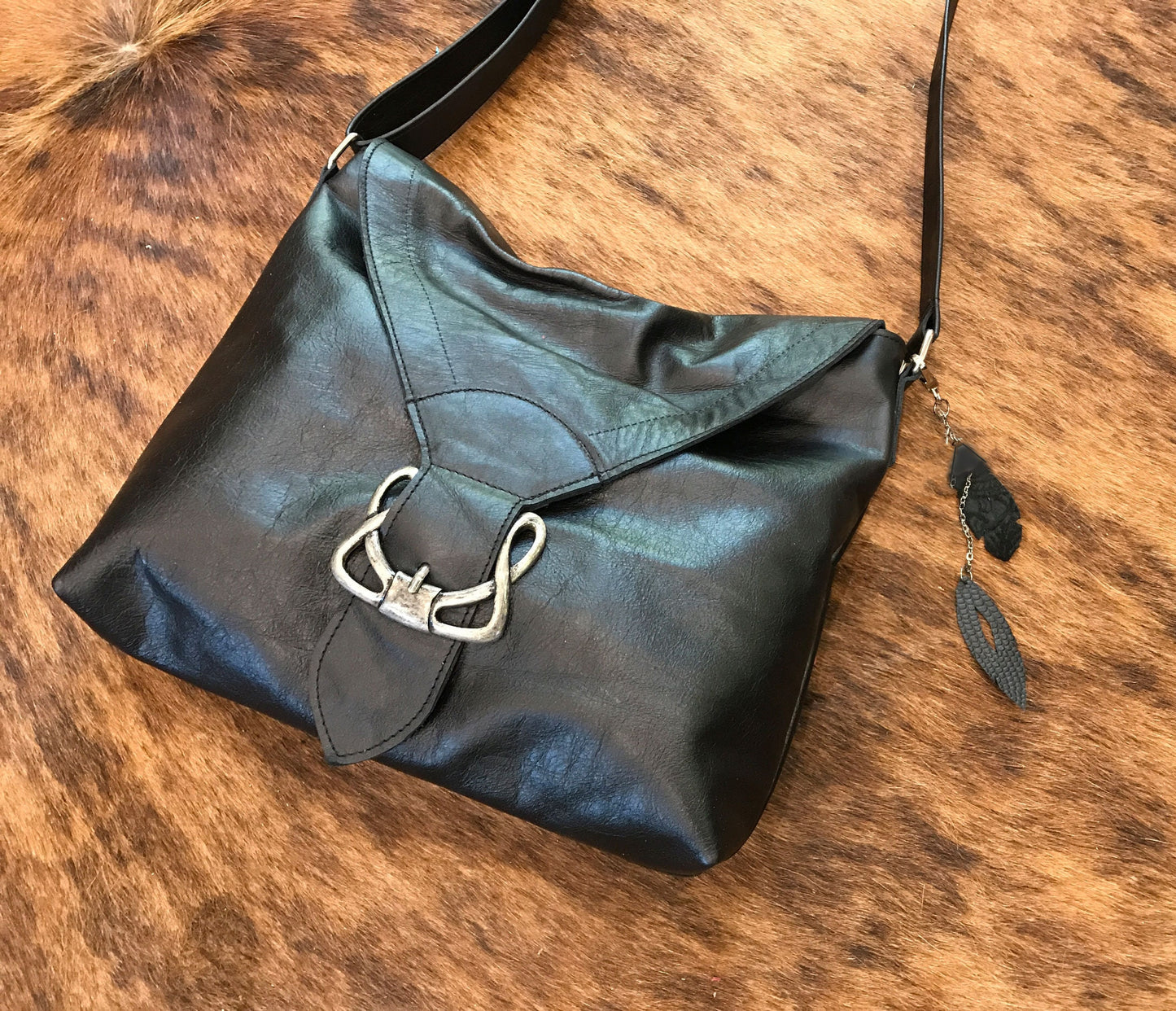 Black Celtic leather Crossbody bag with rivets