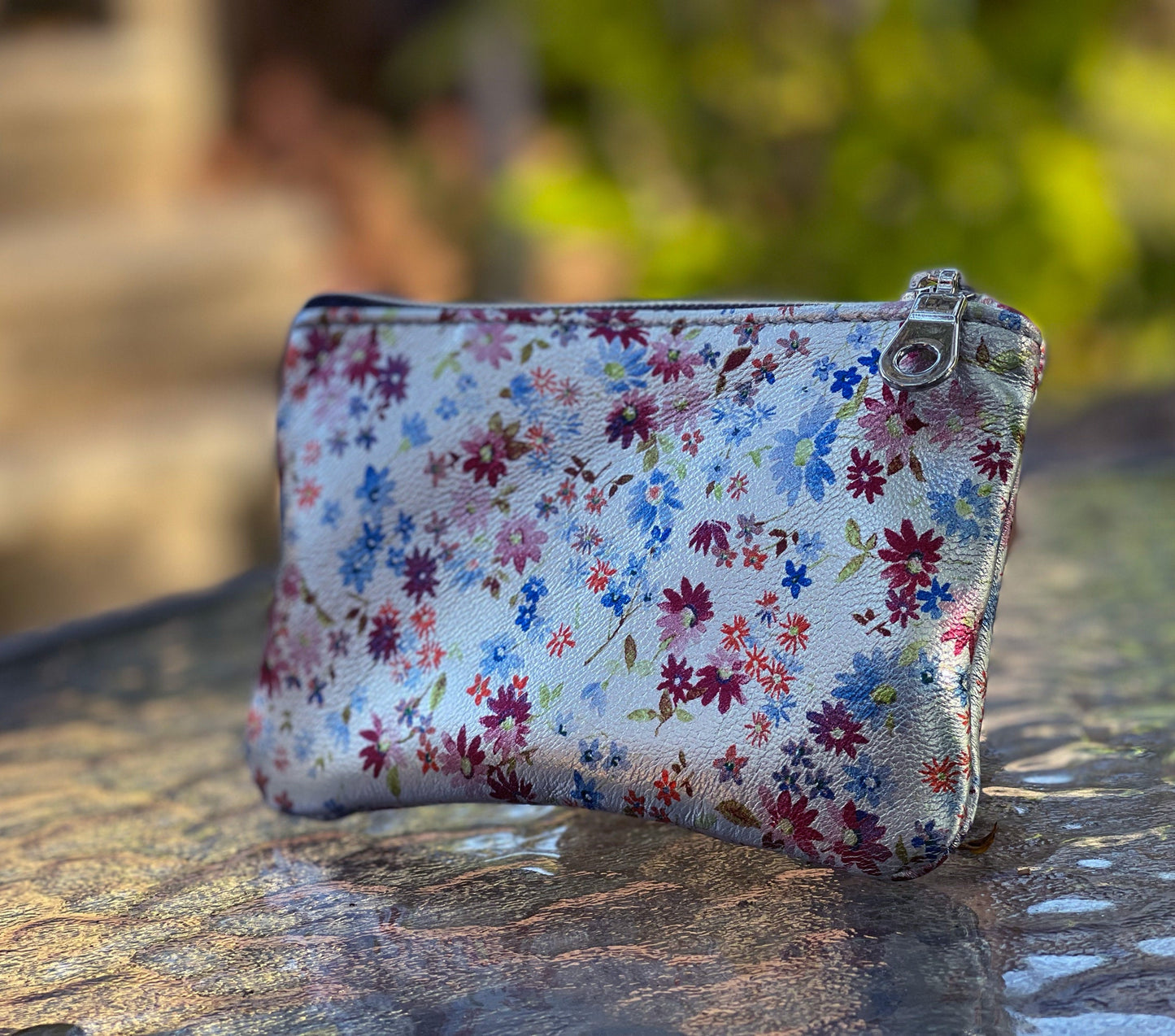 Metallic ditsy floral coin purse, small print on silver leather gift idea
