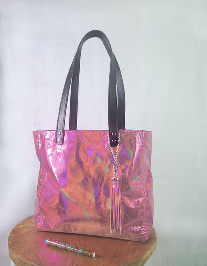 Soft pink holographic Leather Tote, Free leather purse