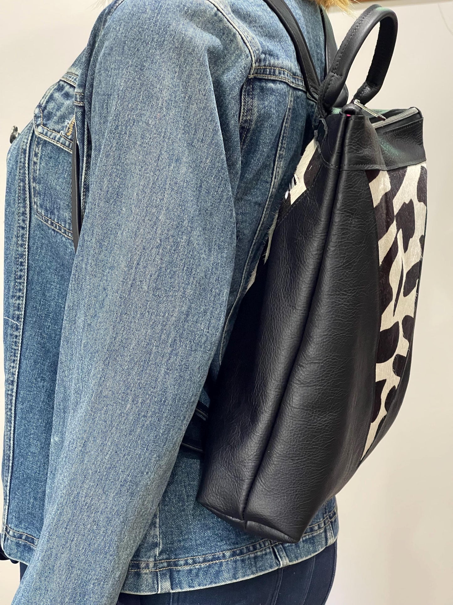 Backpack Black zebra print cowhide Leather