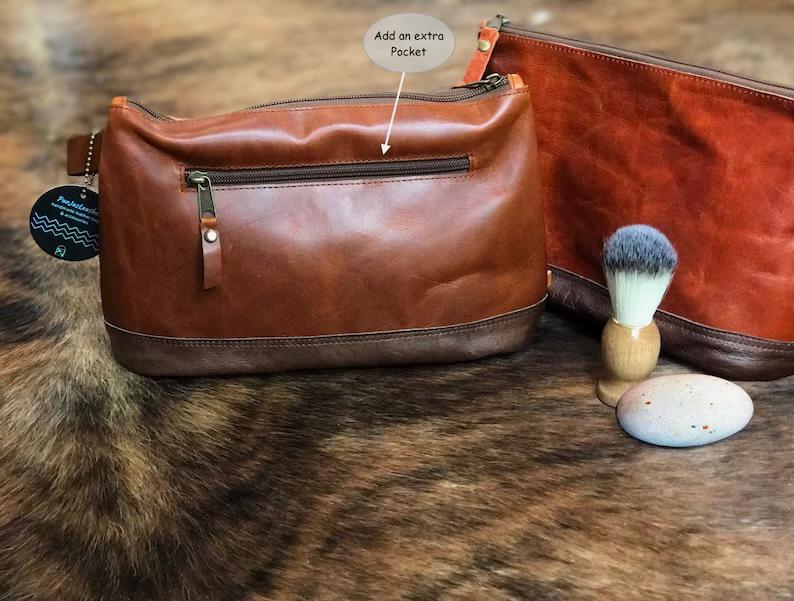 Caramel Leather Toiletry bag, dopp kit, waterproof Lining
