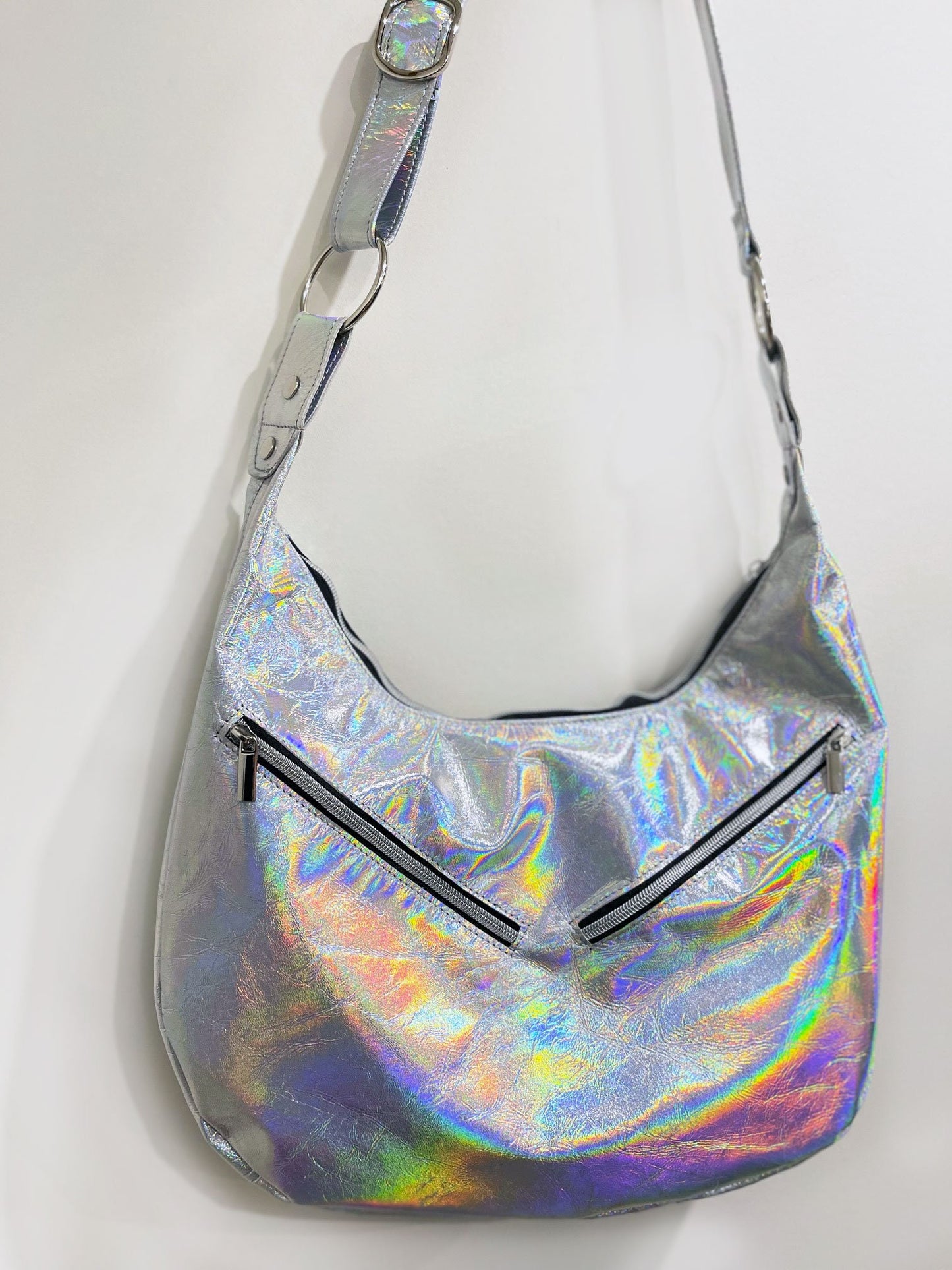 Holographic Leather Hobo with hidden pocket, fringe option Italian holographic leather