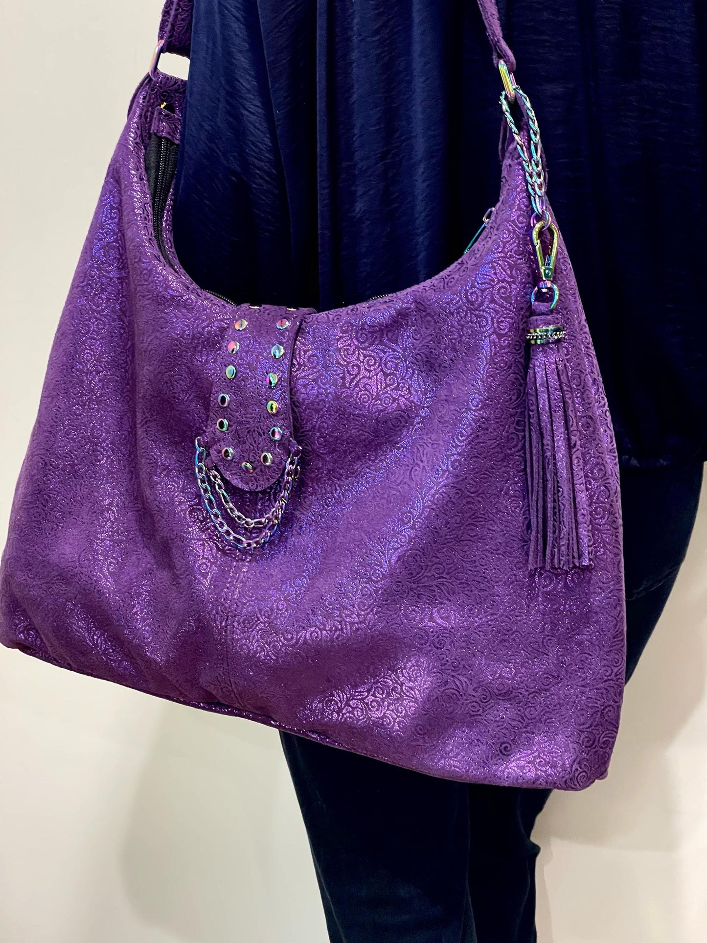 Metallic purple Tote, soft Florentine Italian print metallic leather, free zipper purse