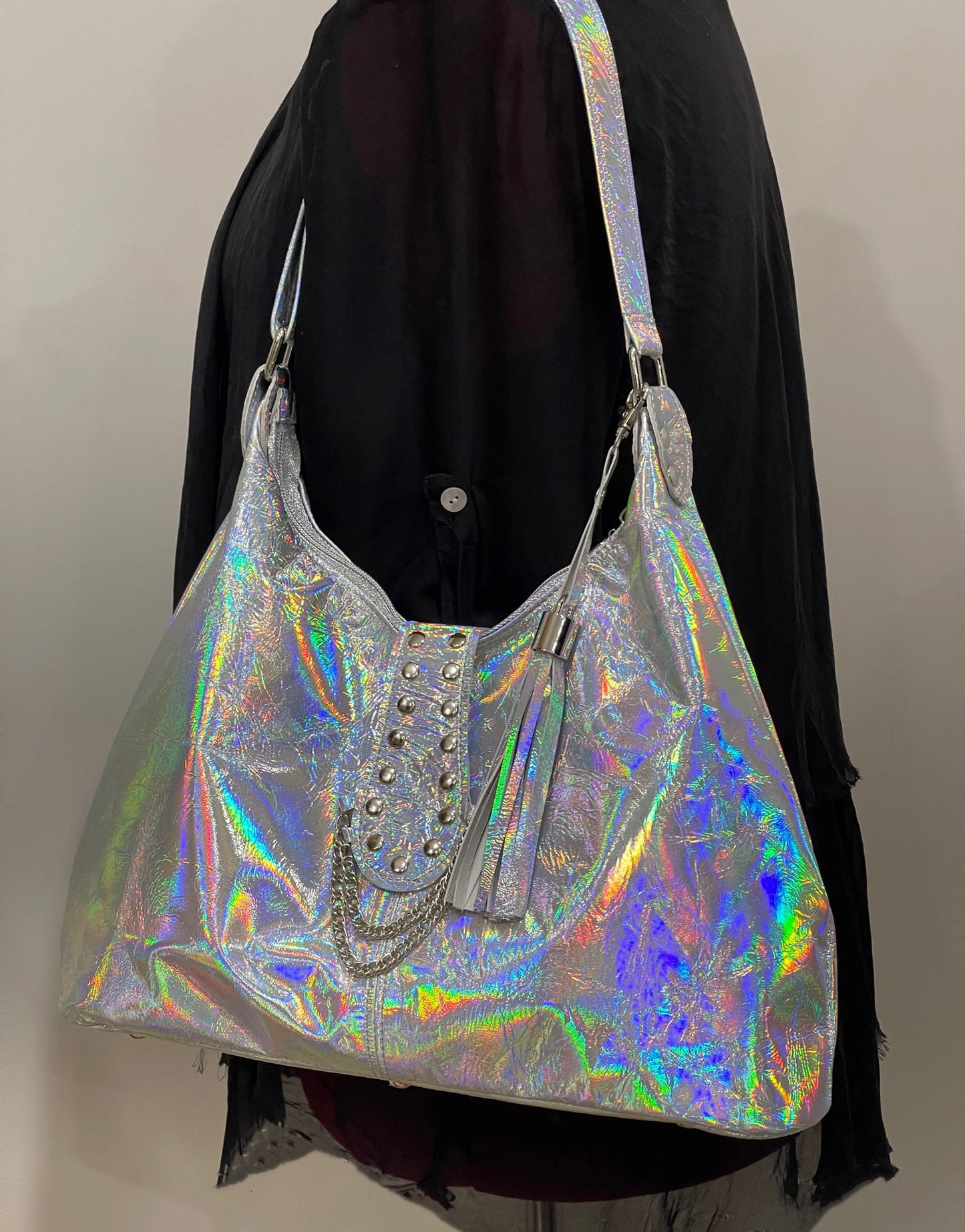 Holographic Leather Hobo, iridescent silver Italian premium leather