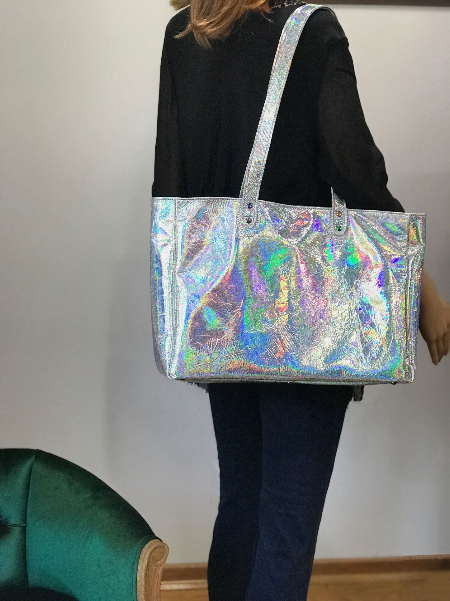 Choose colour wide Metallic Leather Tote, free zipper purse