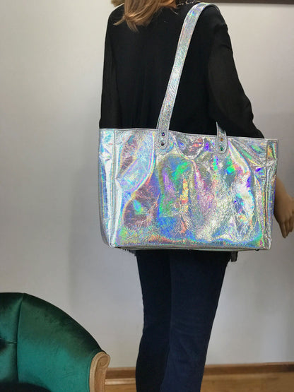 Choose colour wide Metallic Leather Tote, free zipper purse