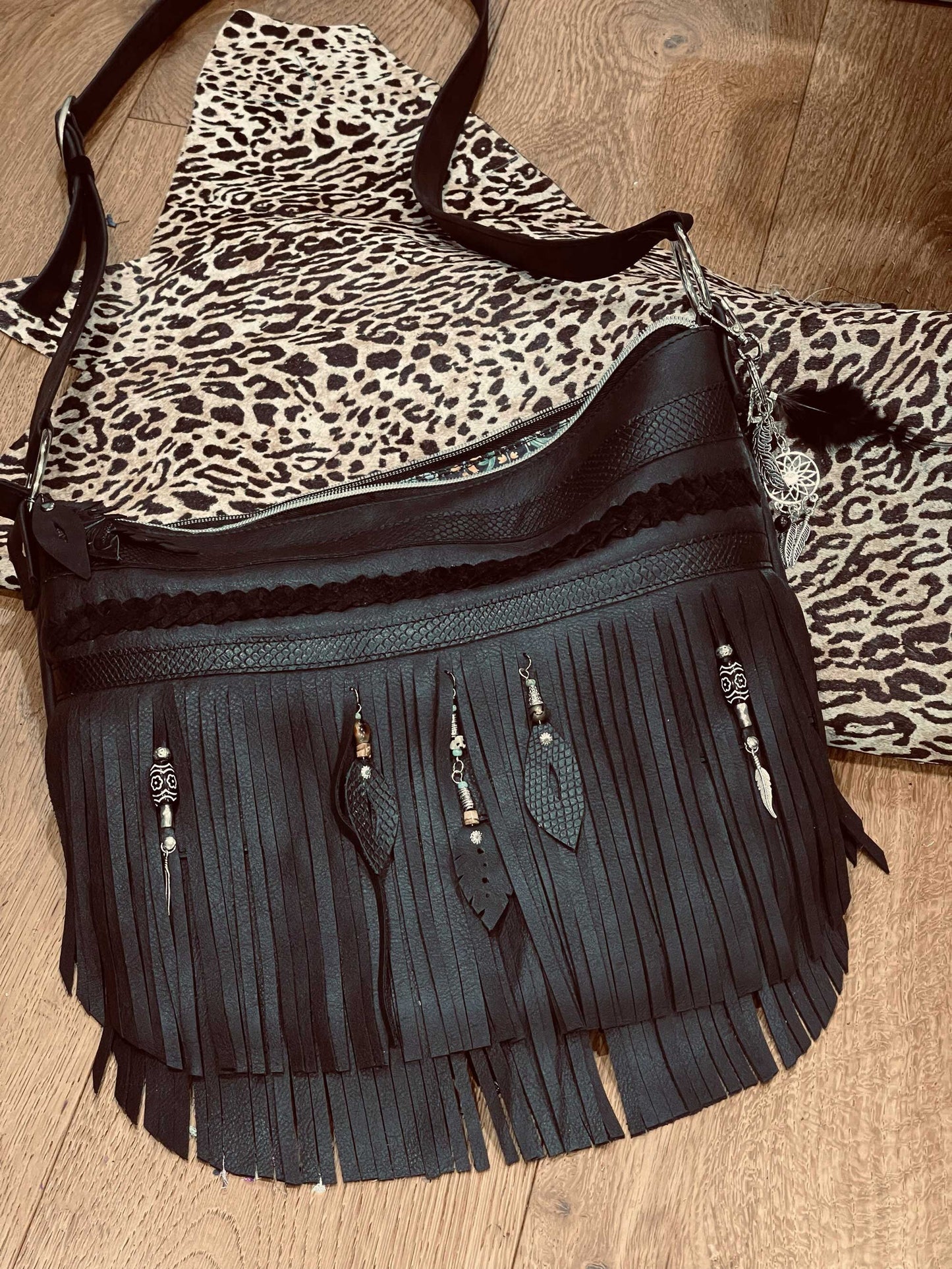 Black Double Fringe Bag, boho braided leather