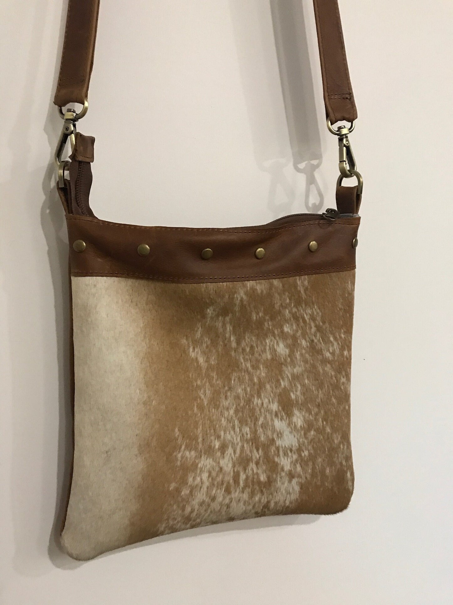 Cowhide Leather Tan Crossbody, soft short hair IN STOCK