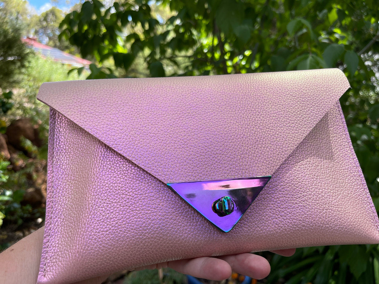 Iridescent Pink Leather clutch, Metallic, iridescent clutch purse