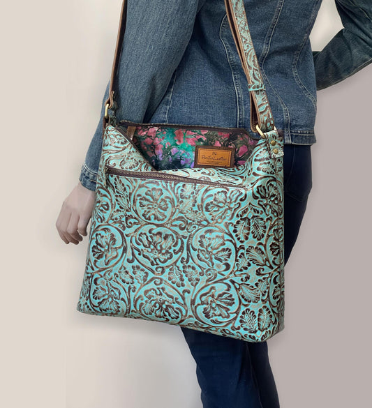 Tooled Turquoise Leather Crossbody Bag, Embossed