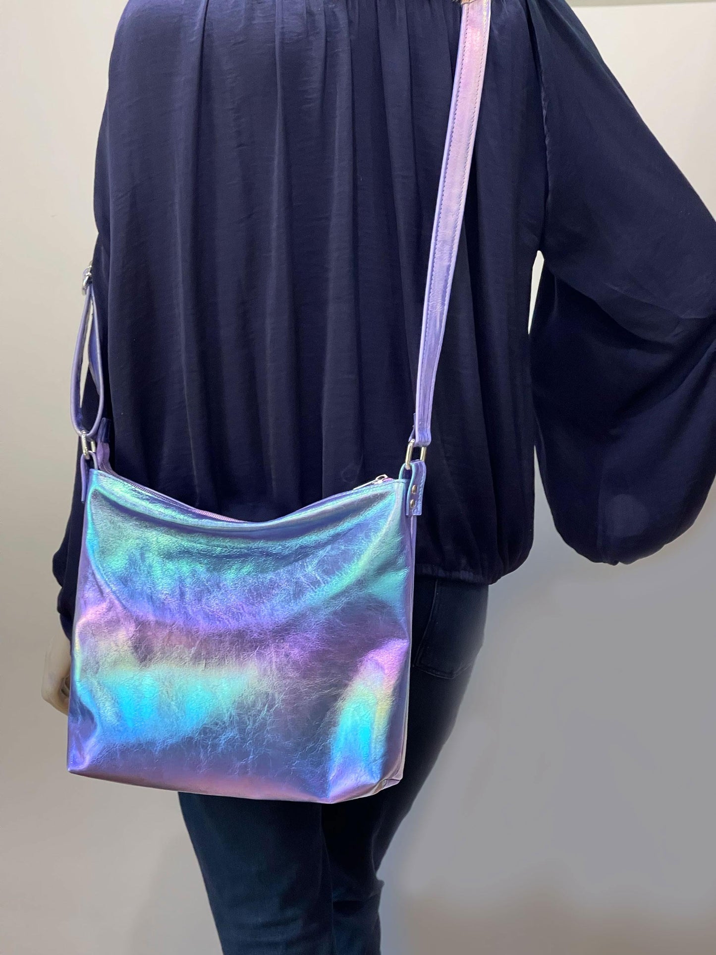 Metallic Rainbow Aurora Australis purple leather crossbody bag