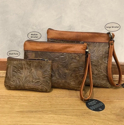 Tooled Leather Wristlet, Australian western floral embossed clutch