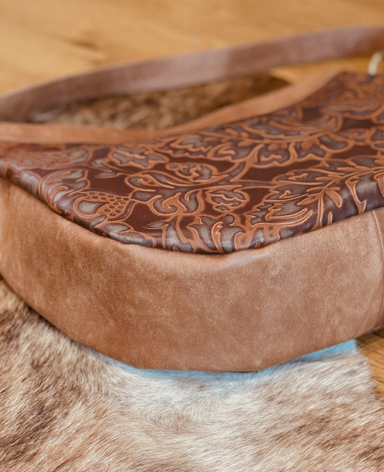 Large brown tooled embossed leather hobo bag