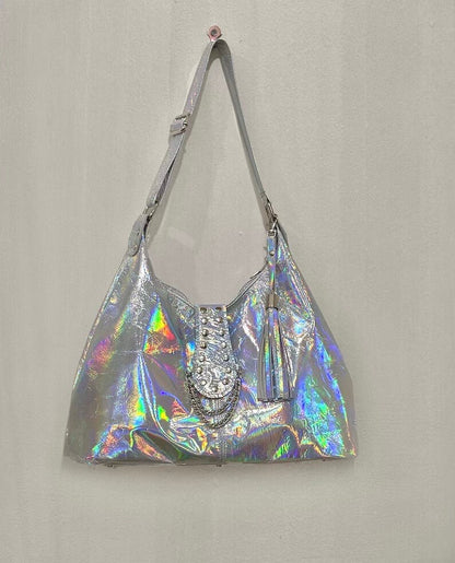 Holographic Leather Hobo, iridescent silver Italian premium leather