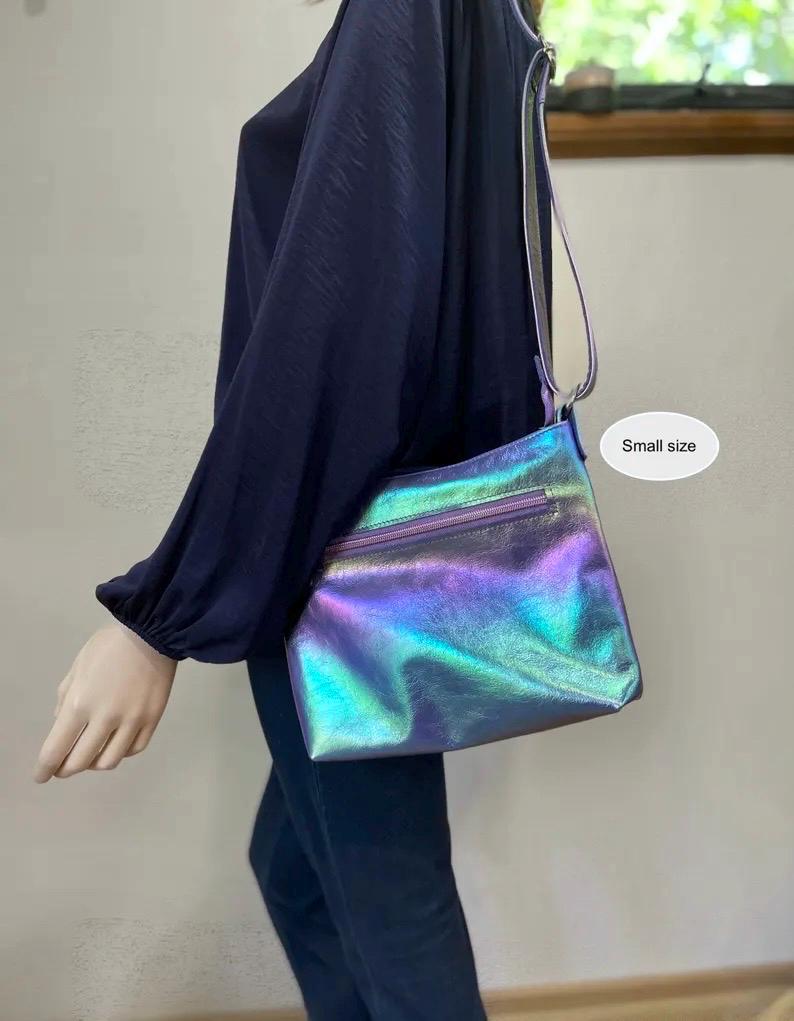 Metallic Rainbow Aurora Australis purple leather crossbody bag