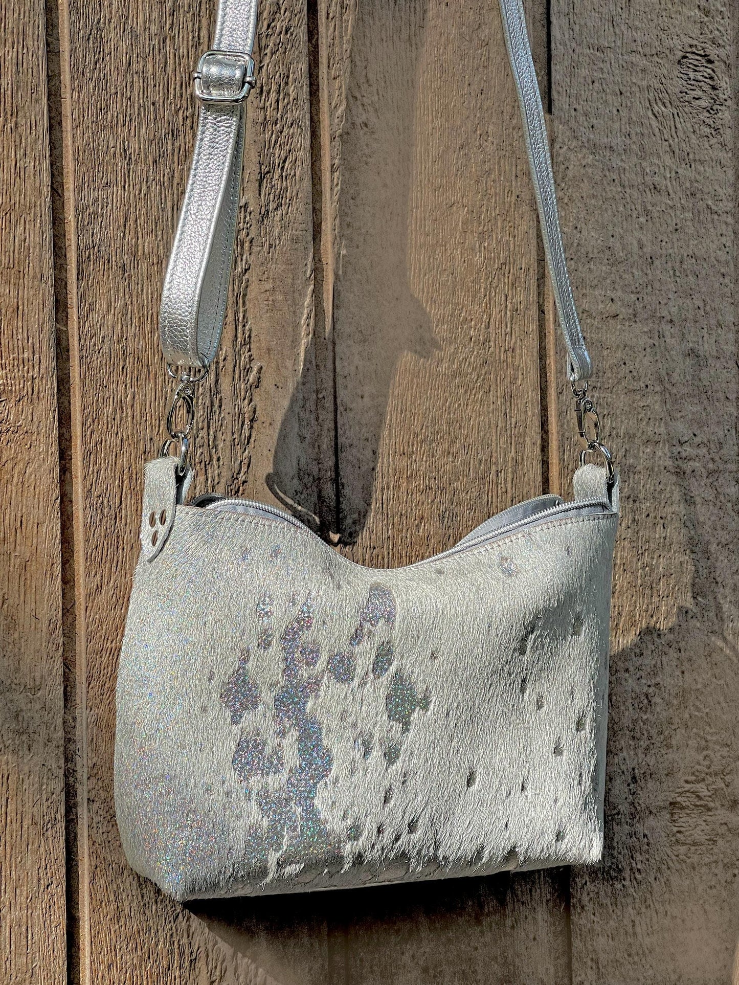 White Holographic Acid Wash Cowhide, Iridescent soft crossbody bag